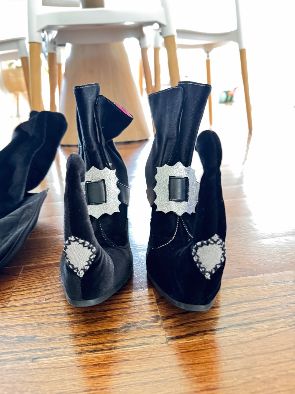 Women's Black Velvet Witch Heeled Booties with Pink Lining and Buckle Accent